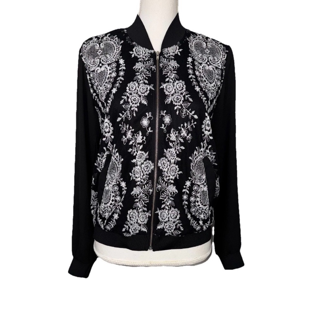 Society Girl Large Zip Black and White Embroidered Bomber Type Jacket Boho-chic